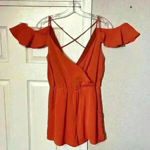 Sugar+Lips Womens Romper One Piece Coral Deep V Strappy Lightweight Ruffle S